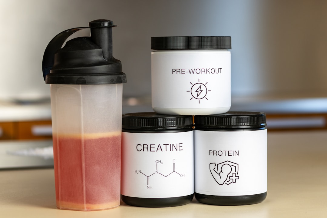 Pre workout supplements with powder and shaker bottle